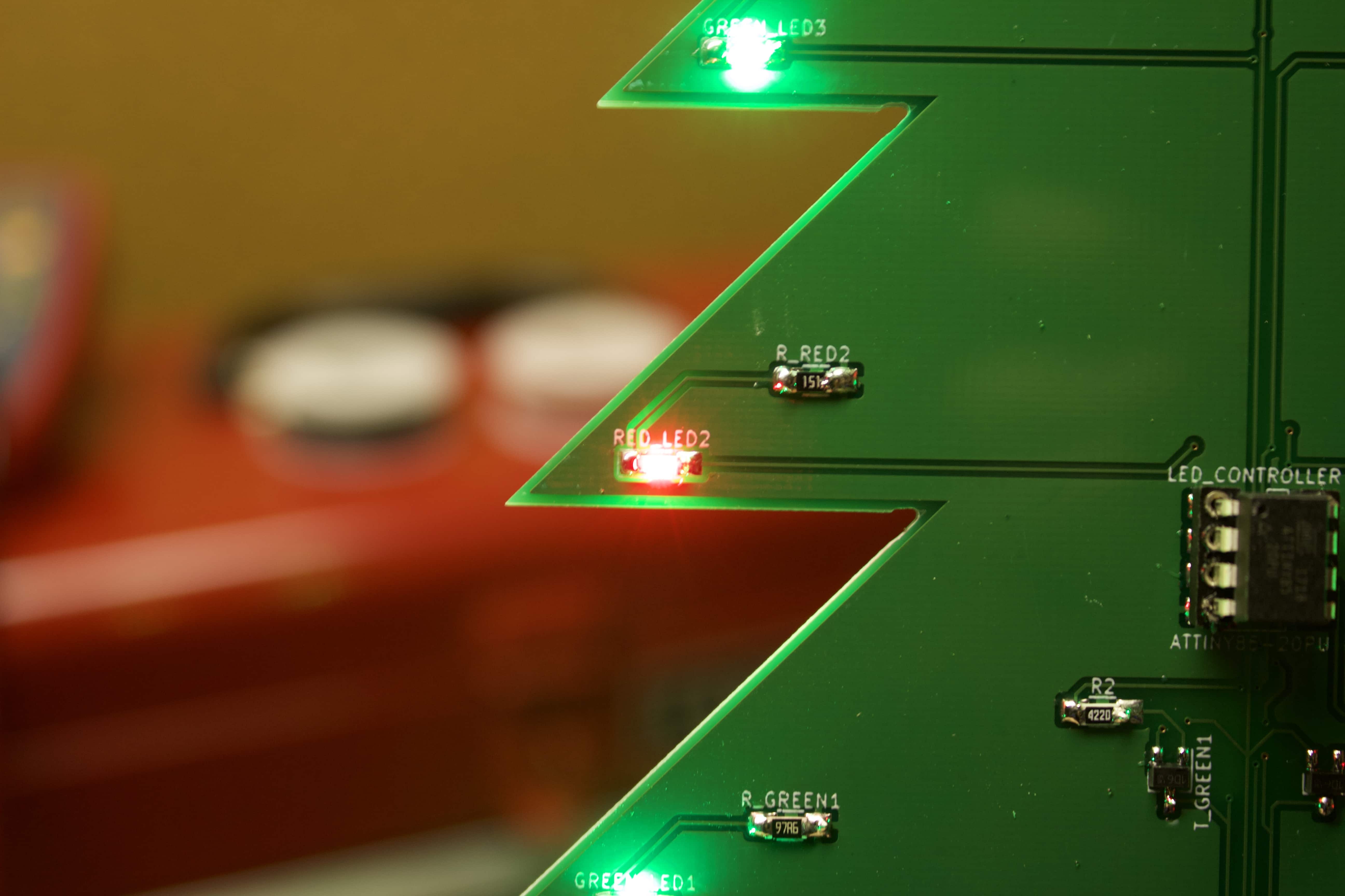 Close-up of green and red LEDs.